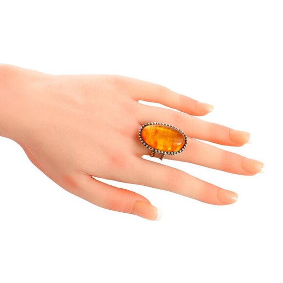 Medieval Baltic Amber Brutalist Ring in 925 Sterling Silver - Picture 7 of 9